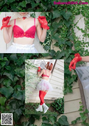 A naked woman in a red and white outfit posing by a window.