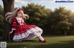 a woman in a red and white dress sitting on a chair