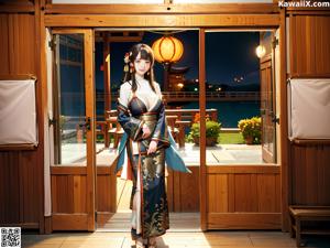 A woman in a kimono standing in front of a window.