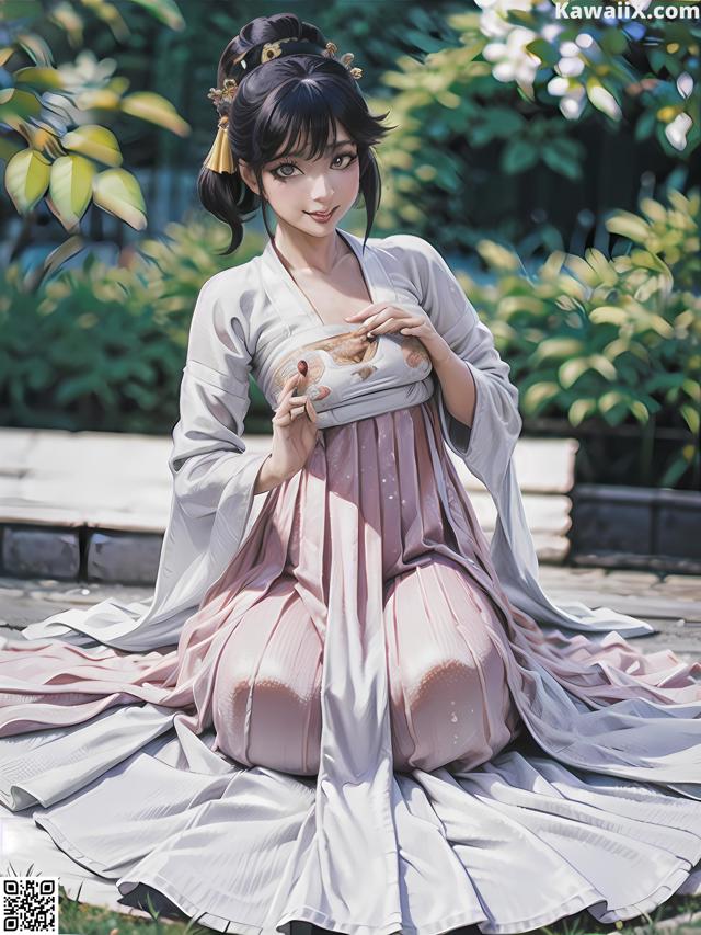 A woman in a pink and white kimono sitting on the ground.