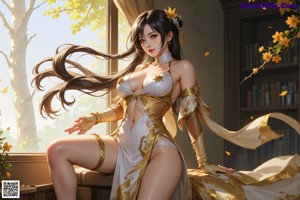A woman with long black hair wearing a white dress.
