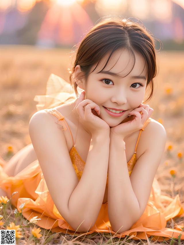 A young girl in a yellow dress laying in a field of flowers.