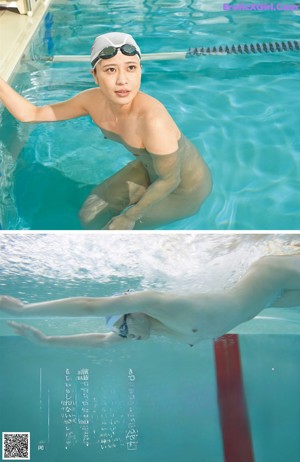 A woman in a black bathing suit standing next to a swimming pool.