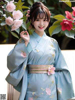 A woman in a blue kimono posing for the camera.