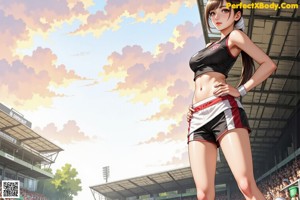 A girl in a red and white shirt and black shorts standing on a soccer field.