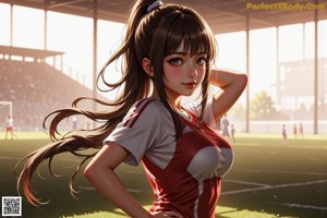 A girl in a white dress standing on a soccer field.