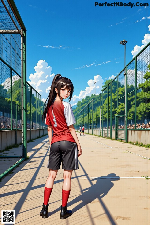 A girl in a red and white shirt and black shorts standing on a soccer field.