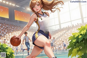 A girl in a basketball uniform dribbling a basketball on a court.