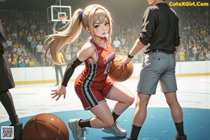 A girl in a blue uniform holding a basketball on a basketball court.