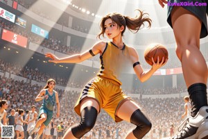 A girl in a blue uniform holding a basketball on a basketball court.