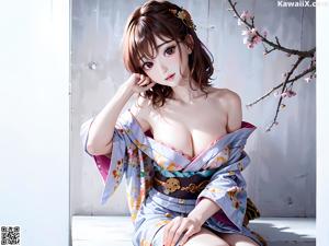 A woman in a kimono sitting on a stone wall.