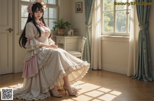 a woman in a dress and hat sitting on the floor